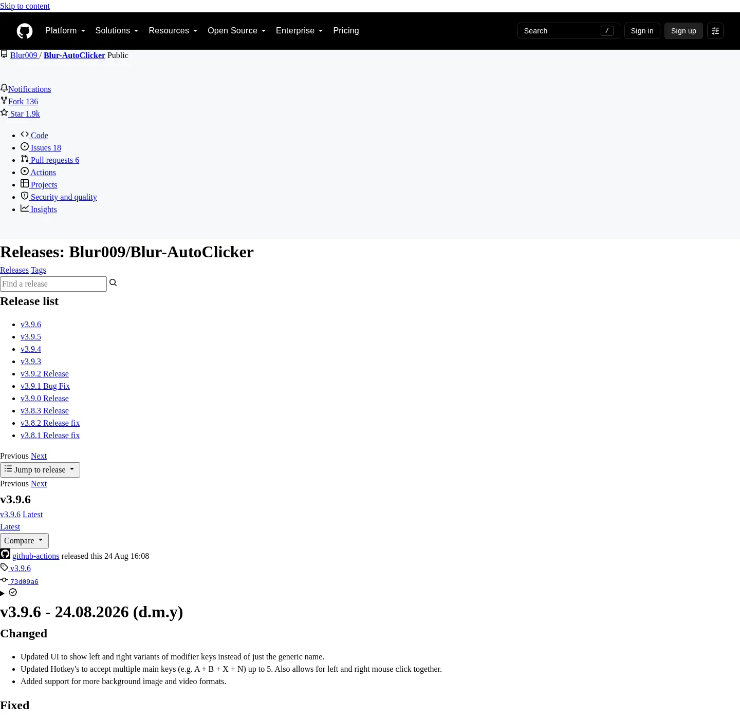 The GitHub Releases page for Blur-AutoClicker showing the release list, changelog entries, and downloadable installer and portable assets with checksums.