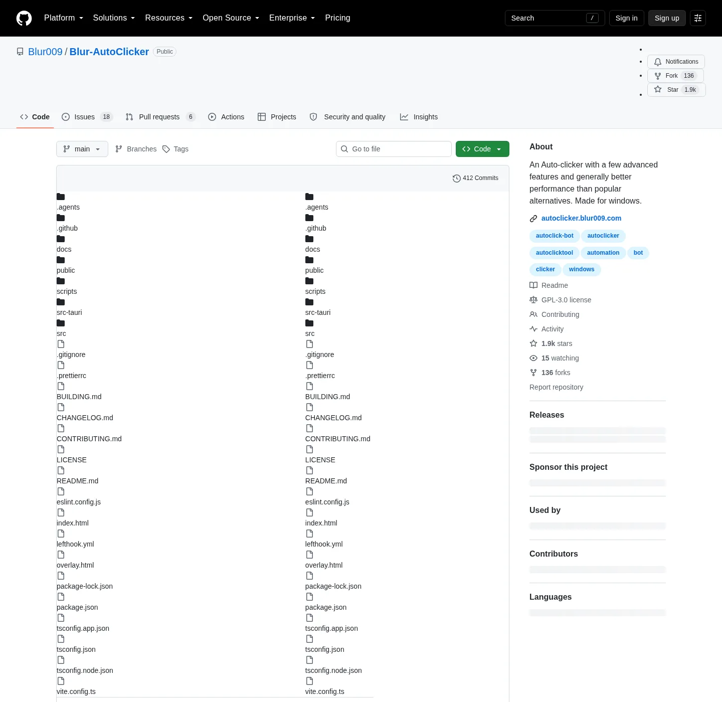 The Blur-AutoClicker repository page on GitHub showing the file listing and repository navigation tabs.