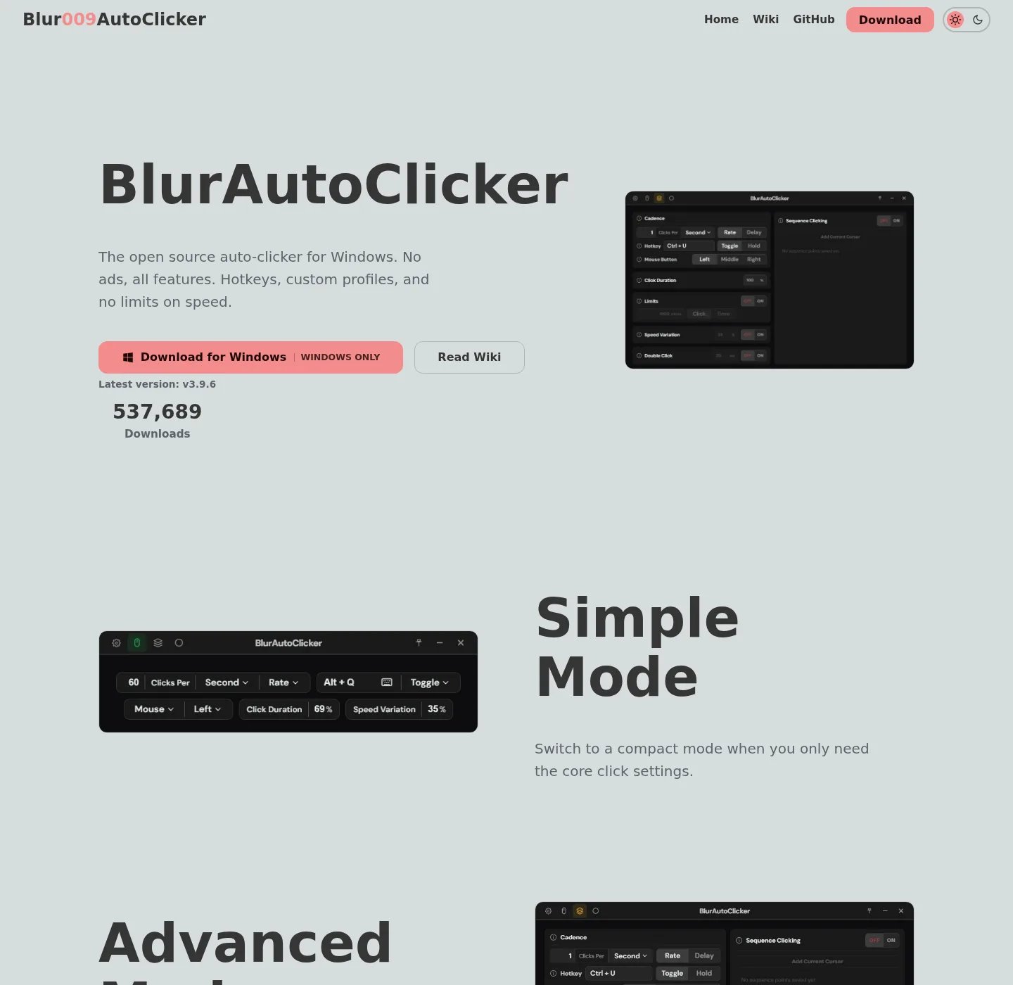 Official BlurAutoClicker website homepage with the product name, a short description of the open source Windows auto-clicker, and a Download for Windows button.