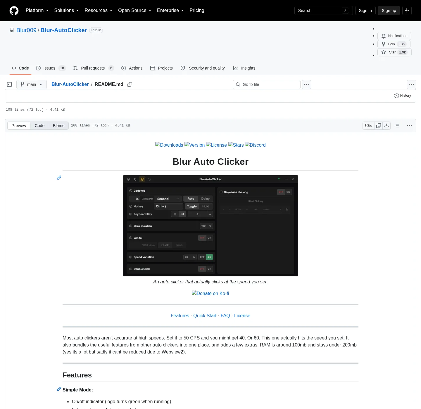 The Blur-AutoClicker README on GitHub describing the desktop app and its click, hotkey, and profile features.